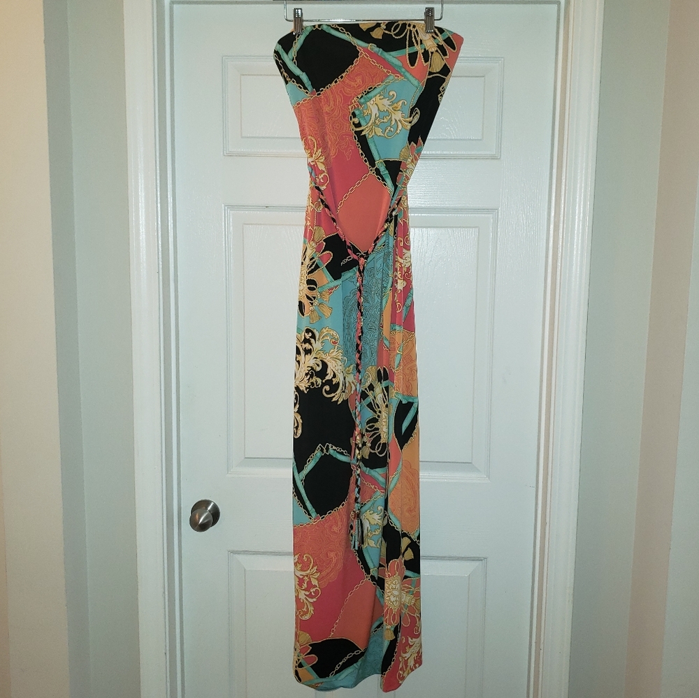 TROPICAL OASIS 🏝 Caché, new, strapless, tie waist, ankle length dress! 🏖